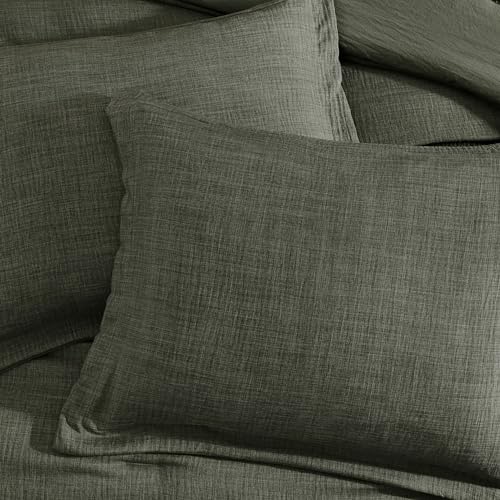 Geniospin Dark Olive Green Queen Comforter Set - 7 Pieces Comforter Queen Size, Solid Bedding Set for All Season, Textured Bed in a Bag with Sheets Geniospin