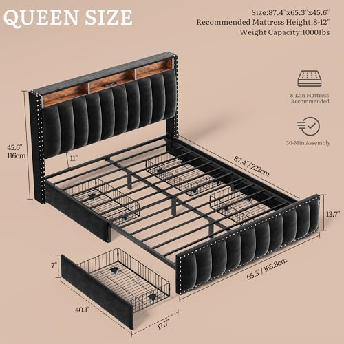 DWVO Queen Size Bed Frame with 4 Storage Drawers and RGB LED Lights, Velvet Upholstered Platform Bed with Charging Station and Bookcase Storage Headboard, No Box Spring Needed, Easy Assembly, Black DWVO