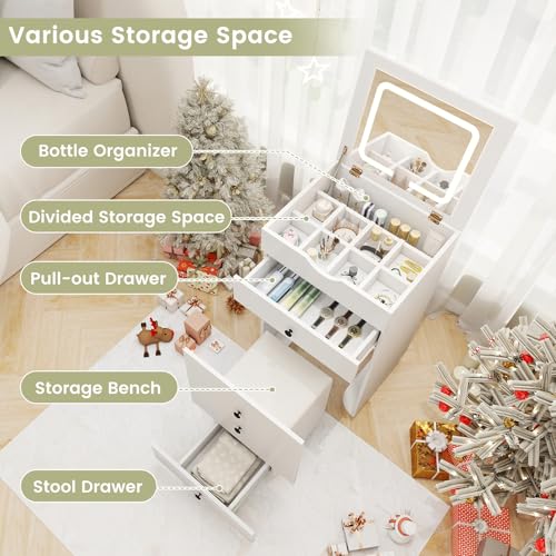 CHARMAID Small Vanity Desk Set, Makeup Vanity Table with Flip-up Lighted Mirror, Storage Bench, 2 Drawers, 8 Wheels, White Girls Dressing Table Nightstand for Small Space Bedroom CHARMAID