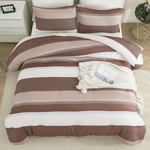 Litanika Brown Comforter Set Full - 3 Pieces Lightweight Brown White Colorblock Stripe Fluffy Bedding Comforter Sets, All Season Bed Set