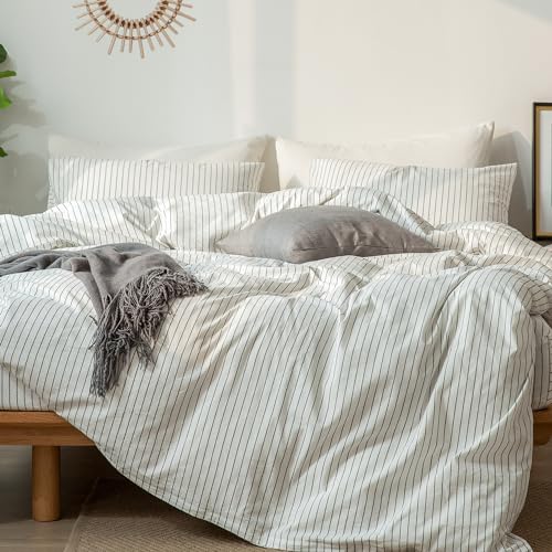 MooMee Striped Duvet Cover Set 100% Washed Cotton Linen Like Textured Breathable Durable Soft Comfy (White Dark Grey Wide Stripes, Queen 90"x90") MooMee