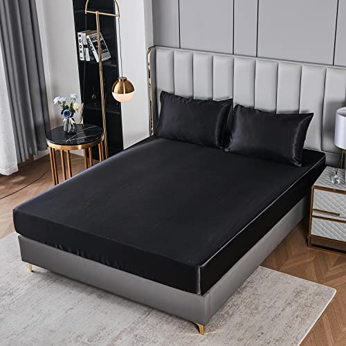 Herside Black Satin Comforter 7-Piece Queen Size Bed in a Bag Luxury Polyester Satin Bedding with Pillowcases, Sheets, Pompoms Design Super Soft Silky Set For All Seasons Herside