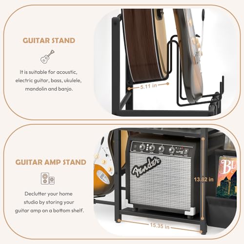 Bikoney Mid Century Modern Record Player Stand, Guitar Stand for Acoustic, Electric Guitar, Bass with Amp Stand, 3-Tier Vinyl Record Storage, Vinyl Record Display Stand for Living Room Bikoney