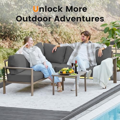 VONZOY 6 Pieces Patio Furniture Set, Wood-Look Metal Outdoor Sectional Furniture Conversation Set, L Shape Patio Couch with Side Table, 6.5" Thick Olefin Cushions for Garden, Backyard, Deck(Dark Grey) VONZOY