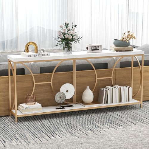 Giantex 71" Console Table, 2-Tier Extra-Long Gold Entryway Table w/Storage Shelf, Faux Marble Top, Narrow Sofa Table with Geometric Frame, Behind Couch Entry Table for Living Room, Hallway, Foyer Giantex