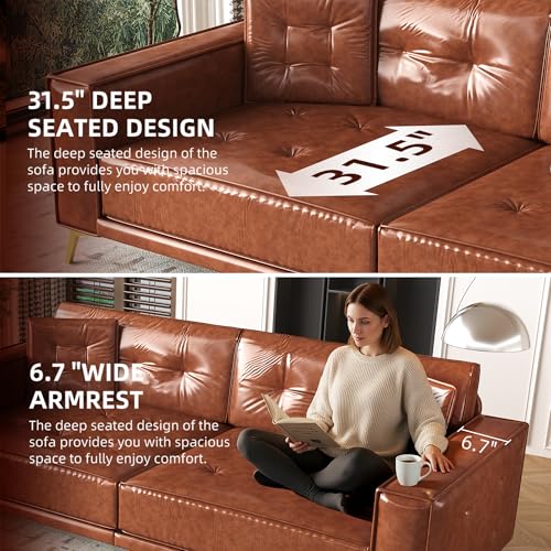 Tabaray 92.1'' King Pull Out Sofa Bed, Convertible Futon Couch, 3-in-1 Faux Leather Sleeper Sofa with Tufted Back, 2 Pillows, Gold Legs, Deep Folding Loveseat for Living Room, Apartment, Light Brown Tabaray