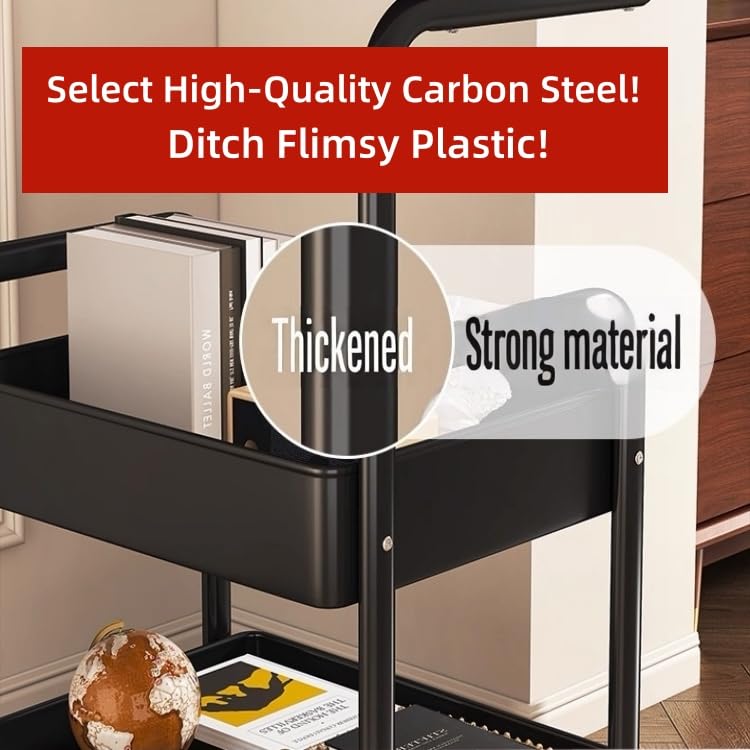 3 Tier Metal Rolling Utility Cart Organizer with Walnut Table Top, Stable and Sturdy Rolling Storage Carts with 2 Lockable Wheels for Kitchen,Bathroom,Snacks,Coffee,Craft,Makeup,Baby Essentials MASHART