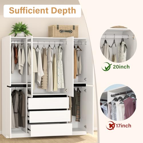 Wakefit 6 Door Armoire Wardrobe Closet with Large 3 Drawers & 2 Mirror, Wooden Bedroom Armoires with Shelves and Hanging Rod, Freestanding Wardrobe Cabinet for Bedroom, Guest Room (White) Wakefit