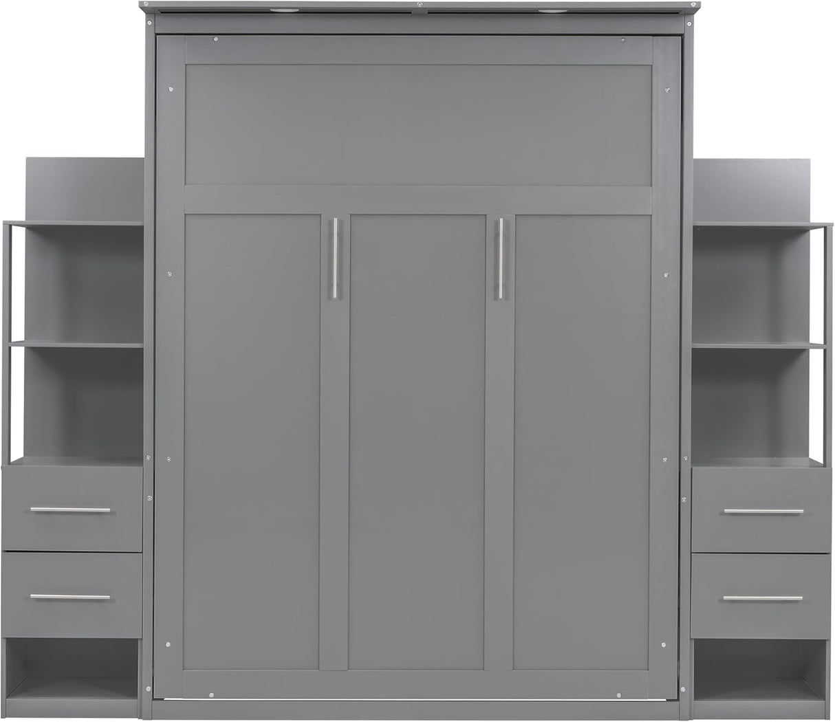 Queen Murphy Bed with Storage Drawers,LED Lights and Shelves,Wood Murphy Wall Bed Cabinet for Adults (Grey) MERITLINE
