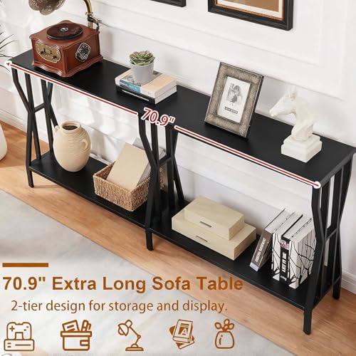 HOMISSUE Sofa Console Table, 70.9" Extra Long Sofa Table with 2-Tier Storage, Industrial Narrow Console Tables Behind Couch, Hallway Table for Entryway, Living Room, Black HOMISSUE