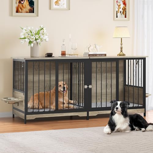YITAHOME 71" Double Dog Crate Furniture with Divider, Wooden Large Dog Kennel with Flip-Top&4 Rotatable Bowls&2 Cushions, Dog Crate Furniture TV Stand for Medium Large Dogs, Grey YITAHOME