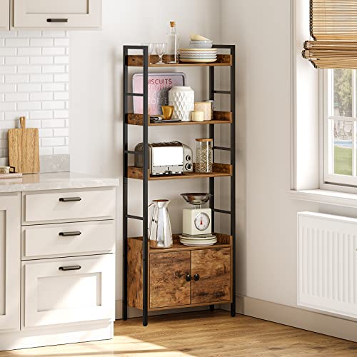 HOOBRO 4-Tier Industrial Bookshelf with Doors and Storage, Rustic Brown and Black HOOBRO