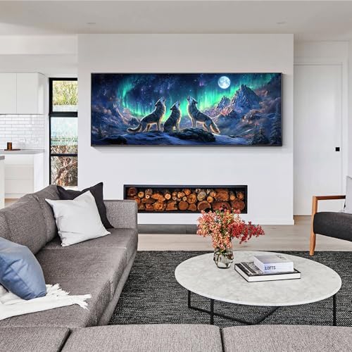 VAIIEYO Large Diamond Art Kits for Adults Wolf, Diamond Art Animal Aurora Moonlight, Large Diamond Painting Kits Full Drill Round Rhinestone Craft Canvas for Home Wall Decor Gift 12x31 inch VAIIEYO
