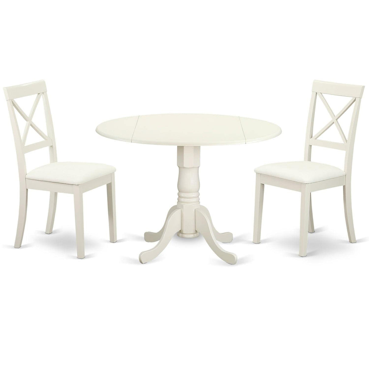 East West Furniture DLBO3-LWH-LC 3 Piece Modern Dining Table Set Contains a Round Wooden Table with Dropleaf and 2 Faux Leather Kitchen Dining Chairs, 42x42 Inch, Linen White East West Furniture