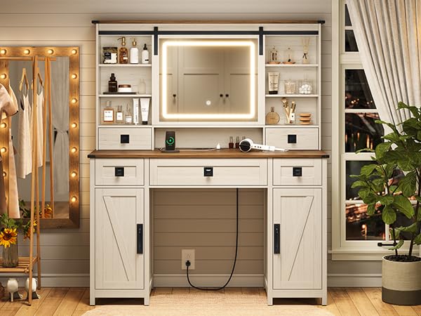 AOGLALTI Farmhouse Vanity Desk with Mirror and Lights, Makeup Vanity with Lights & Charging Station, Large White Vanity Table with Ample Storage Space and Sliding Mirror (White) AOGLLATI