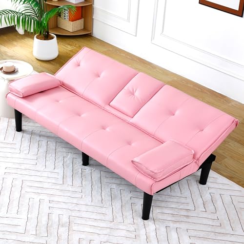 67-inch Multi-Functional Sofa Bed, Foldable Futon Couch with Adjustable Backrest & Cup Holders, Convertible Sleeper for Small Spaces, Living Room, Apartment, Office - Modern PVC Leather Couches(Pink) ALYIAMXL