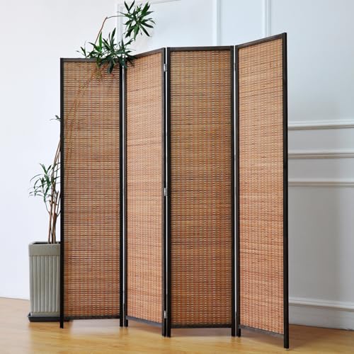 Furnnylane 4 Panel Bamboo Room Divider and Folding Panel Screen,Bamboo Panel Divider for Room Separation,Brown,67" H x 61.4" W Furnnylane