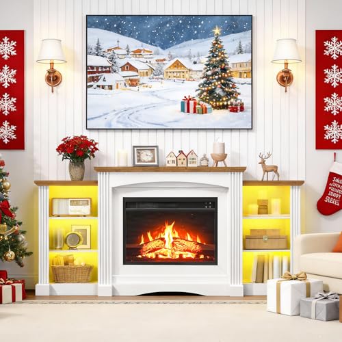 HOOBRO Electric Fireplace with Mantel, Fireplace TV Stand with Led Light, 74" Farmhouse Entertainment Center with Storage, Realistic Stacked Stone Surround and 3D Flame for Living Room, Bedroom HOOBRO