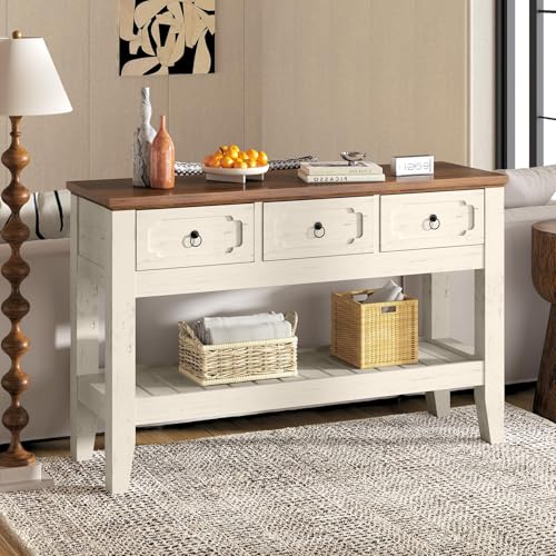 IDEALHOUSE 47in Long Console Table, Farmhouse Narrow Entryway Sofa Table with Drawers and Bottom Shel for Living Room Entrance Foyer, Rustic White IDEALHOUSE