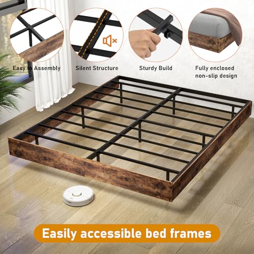 Floating Bed Frame King with LED Lights, Metal Platform King size Floating Bed Frame with Under Bed Storage, Heavy Duty Steel Slats Support, No Box Spring Needed, Noise Free, Easy Assembly, Brown RVONOW