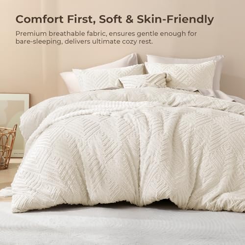 Litanika Beige Full Comforter Set, 3 Pieces Cream Tufted Boho Farmhouse Bedding Comforter Sets, Lightweight Fluffy Comforter Bed Set for All Season (79x90In Comforter and 2 Pillowcases) Litanika