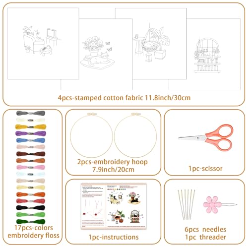 BEUNITONE 4 Set Embroidery Kit for Beginners, Daily Life of Cats Patterns Cross Stitch Kits, Needlepoint Kits for Adults with Hoop, Cute Hand Embroidery Patterns for Cloth and Home Decor