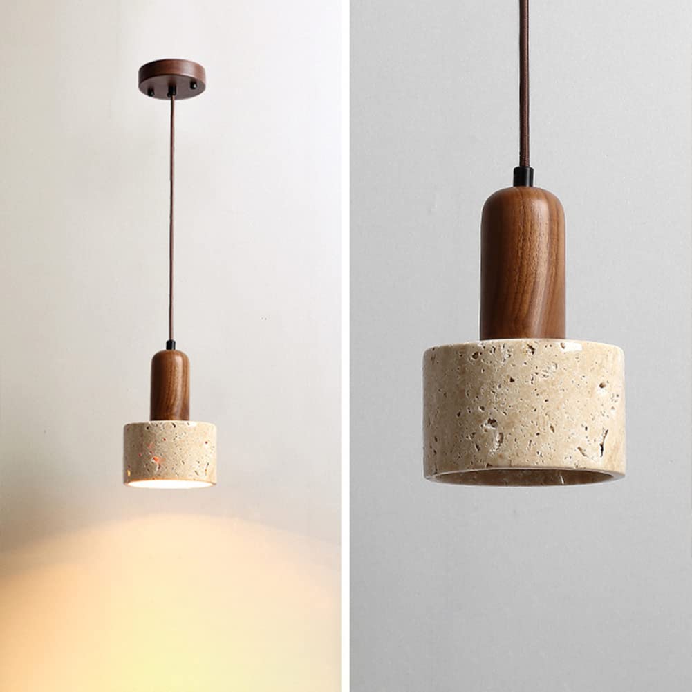 SEEAIRSHOP Natural Stone Shade Cylinder Pendant Light Walnut Wood Hainging Light Kit Retro Mini Pendant Lamp Nordic Pendant Lighting for Kitchen Island SEEAIRSHOP