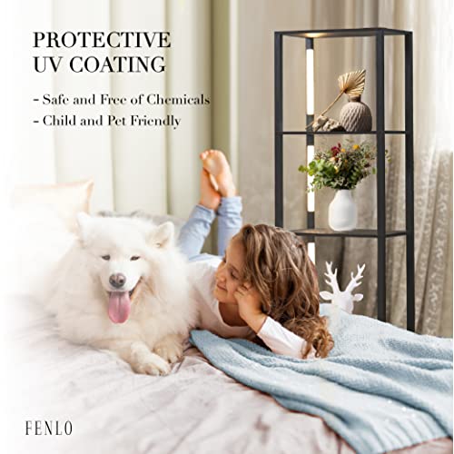 FENLO 64" Display Shelf with Dimmable LED Floor Lamps, Sturdy Display Cabinet with Shelves for Bedroom, Open Bookshelf Display Case with Corner Curio Cabinet, 3 Brightness Levels, Fancy Plus Black FENLO