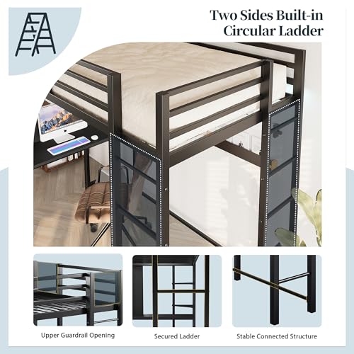 SUNLEI Loft Bed Twin Size with Desk and Safety Guard Rail, Twin Size Metal Bed Frame with Double Layer Shelves for Storage, No Box Spring Needed and 2 Security Ladders, Black SUNLEI