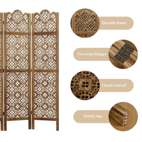 68.9Inch Folding Room Divider, 4 Panels Wood Carved Privacy Screens - Ideal Decorative Partition for Home, Office, Restaurant, Bedroom (Dark Brown) Svimi