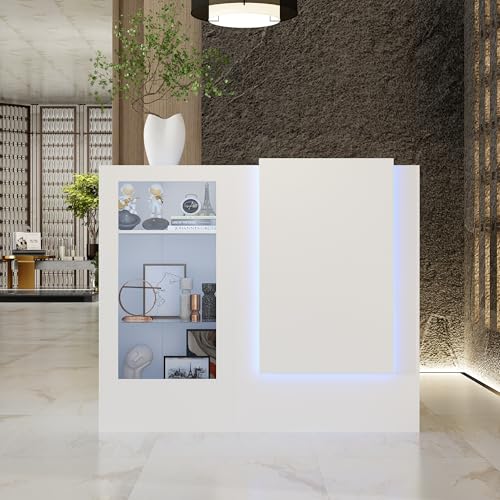 WOODTIME Reception Desk with Counter, Colored LED Light, Glass Front & Open Shelves, Retail Counter with Adjustable Glass Shelves, Checkout Front Desk for Office Clinic Lobby Salon, White WOODTIME