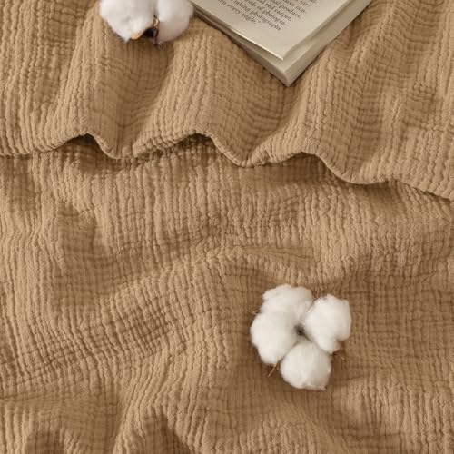 PHF 100% Natural Cotton Muslin Duvet Cover Set Queen Size, Ultra Soft Breathable Absorbent, Luxurious Minimalist Gauze Bedding for All Season, Duvet Set with 2 Pillow Shams, 90" x 90", Brown PHF