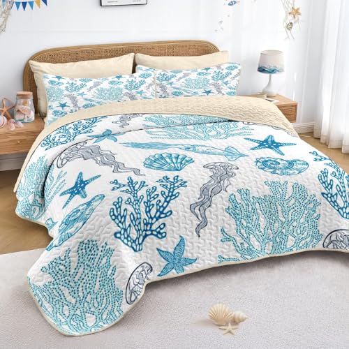 Pamnest Quilt Set Twin Size, Ocean Beach Nature 2 Pcs Soft Bed Cover Bedding Set, Sea Animal Coastal Lightweight Bedspread Coverlet with Pillow Sham for All Season Pamnest