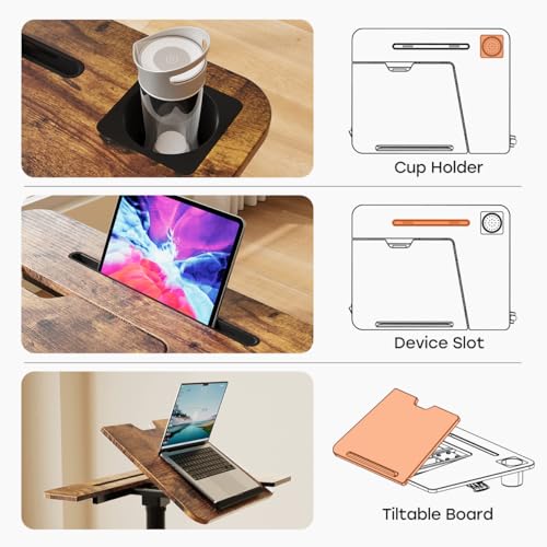 JOY worker Mobile Standing Desk, Height Adjustable Table, 60° Tiltable Rolling Laptop Desk, Portable Sit Stand Desk with Wheels Cup Holder for Bed Couch Hospital, Holds Up to 22lbs, Rustic JOY worker