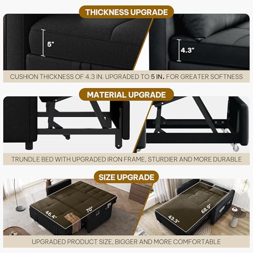 DWVO 55" Convertible Sofa Bed, 3-in-1 Sleeper Sofa with Pull-Out Bed, Linen Futon Couch with Adjustable Backrest and Side Pocket, Modern Loveseat for Living Room Apartment, Balck DWVO