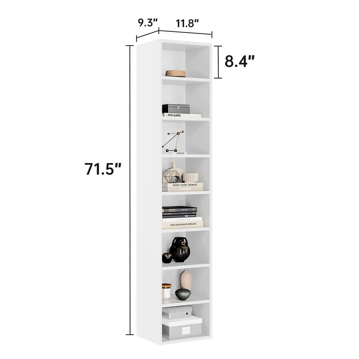 oneinmil 71.5" Tall Narrow Bookshelf, 8-Tier Cube Display Rack, Modern Corner Bookshelf with Storage Space, CD Storage Cabinet for Home Office (White 1 Pack, 8-Tier) oneinmil