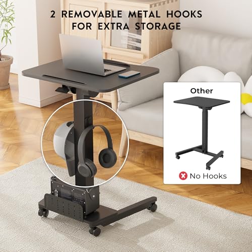 BONTEC Rolling Standing Desk, Tilting Desktop, Foot Pedal Height Adjustable, Small Mobile Portable Laptop Computer Workstation for Teacher Home Office with Storage Shelf, 2 Hooks, Wheels, Black BONTEC