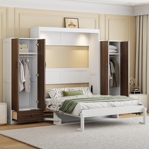 Flieks Full Size Murphy Bed, Wooden Full Wall Bed with Closet, Drawers and Desk, White Flieks