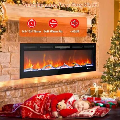 50" TV Stand with Fireplace, Fireplace TV Stand, Entertainment Center with Fireplace, Wall Mounted Electric Fireplace Heater, Voice/WiFi/Remote Control, Adjustable Multicolor Flame, Quiet, Modern GAOMON