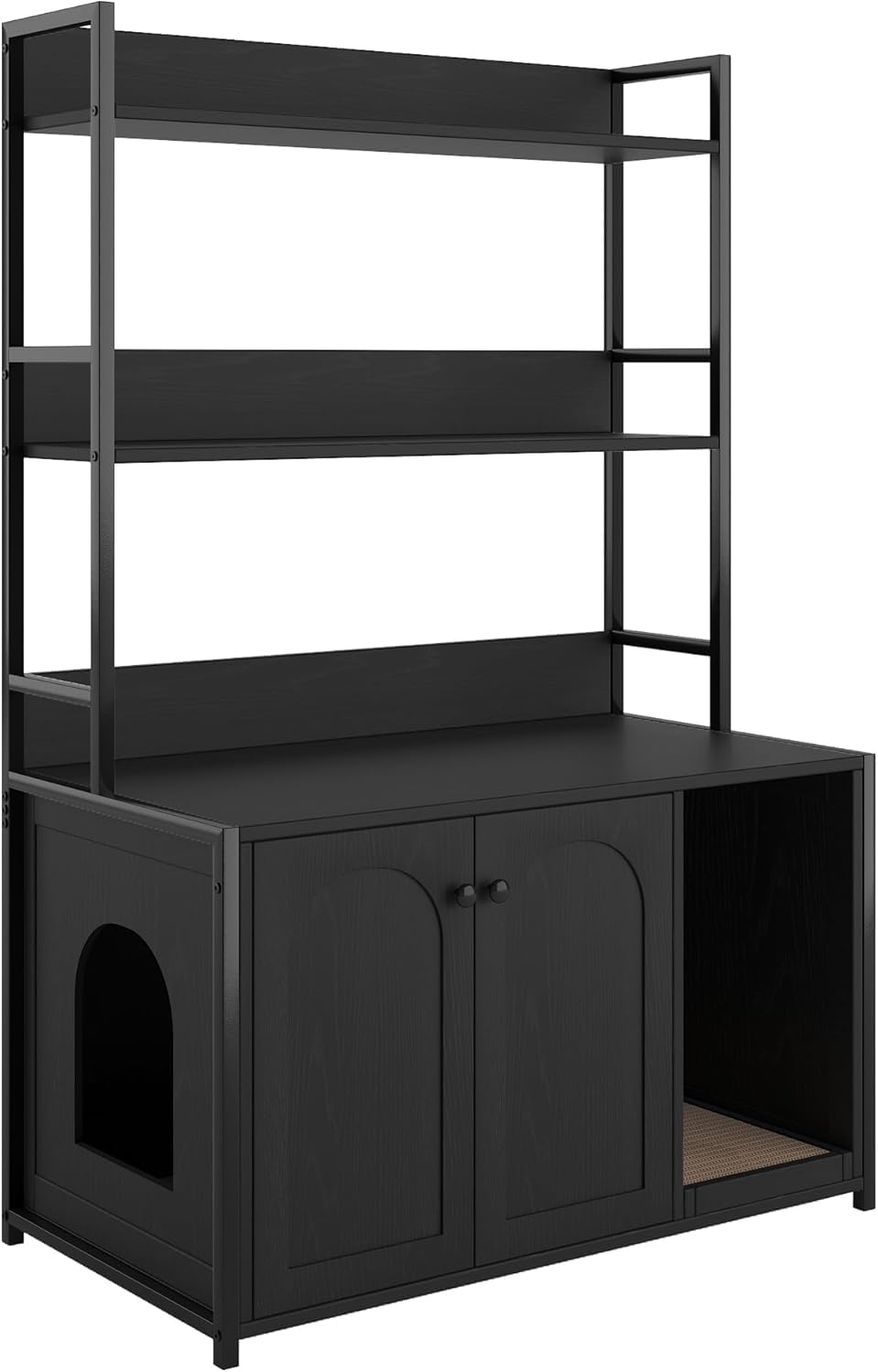FinerFurnis Litter Box Enclosure with 2 Storage Shelves Black Hidden Cat Litter Box Furniture with Scratch Pad Indoor Cat House Kitty Box Washroom Cat Bookshelf Cabinet-Black FinerFurnis