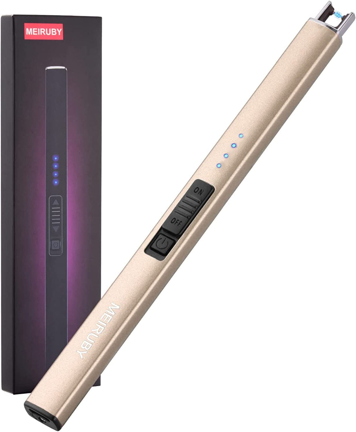 MEIRUBY Lighter Electric Candle Lighter Long Electronic Rechargeable USB Lighter Arc Windproof Flameless Lighters for Candle Camping BBQ Birthday Women's Day Gifts for Women Mom Wife Men, Gold MEIRUBY