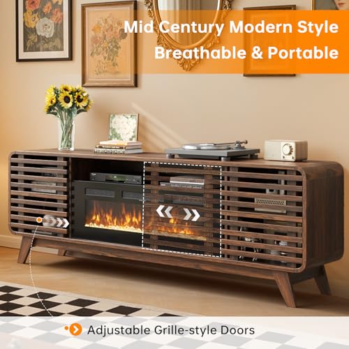 Breezestival 36" Electric Fireplace TV Stand for 80" TVs, Mid Century Modern Walnut Console with LED Lights & Sliding Doors Breezestival