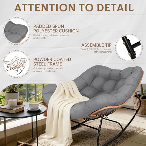 SUNCROWN Oversized Wicker Rocking Chair Indoor Outdoor, 450 LBS Heavy Duty Patio Papasan Egg Chair with Cushion, E-Coated Frame Lounge Rocker for Balcony Porch Garden Living Room, Light Grey