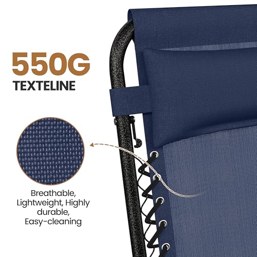 Yaheetech Zero Gravity Recliners Outdoor Adjustable Folding Reclining Lounge Chairs w/Pillows, Cup Holder Trays and Carry Strap for Patio Backyard Beach Navy Blue Set of 2