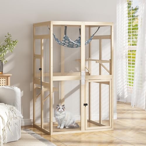 COZIWOW Catio Outdoor Cat Enclosure Window Access, Wooden Cat House Shelter, Kitty Cage with Hammock for Patio Indoor (Wood) COZIWOW