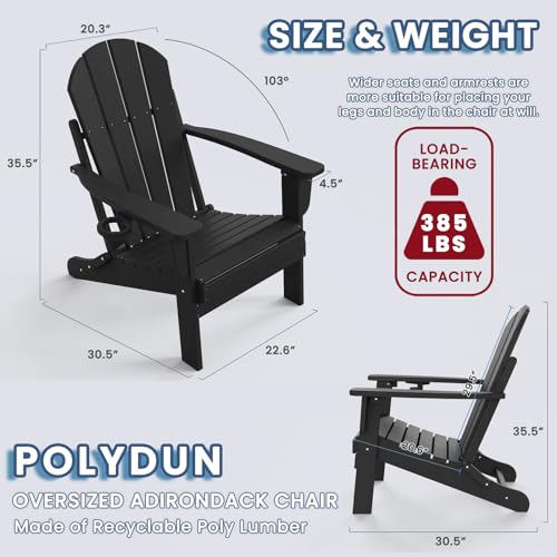 Folding Adirondack Chair with Cup Holder, Poly Lumber Patio Chairs, Wood Texture, Pre-Assembled Weather Resistant Outdoor Chairs for Pool, Deck, Backyard, Garden, Fire Pit Seating, Black POLYDUN
