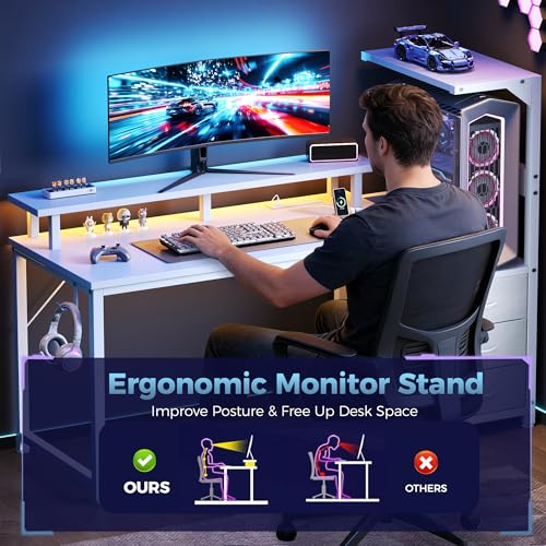 DUMOS L Shaped Gaming Desk with Shelves Storage Drawers 52'', White Computer Desks with LED Lights Power Outlets, Office Wood Table with PC Stand Cable Management for Bedroom Dual Monitor Streaming DUMOS