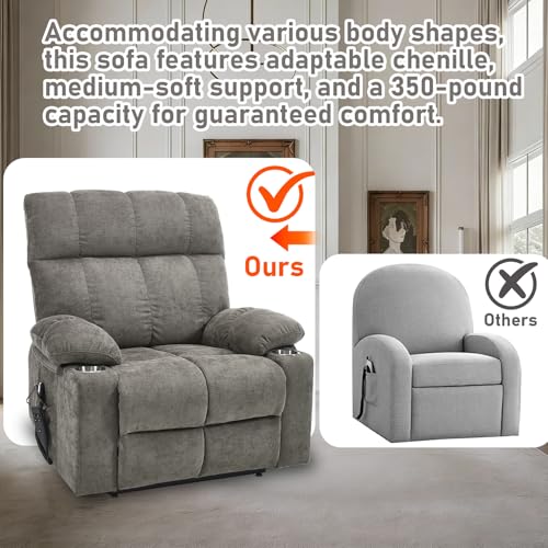 RHHVVR Oversized Recliner Electric Lift Chair, Power Lift Recliner for Big and Tall, 180° Lay-Flat and Assisted Standing, Extra Large Sofa with 8-Point Massage & Heating, Medium-Soft, Gray