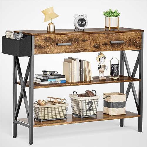 Gizoon 39" Rustic Brown Industrial Console Table with 2 Drawers and 3-Tier Storage Shelves Gizoon