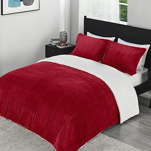 downluxe Ultra-Soft Micromink Sherpa King Size Comforter Set with 2 Pillow Shams - 3-Piece Set - Red - Plush Warm Fall Winter Bedding Comforter Sets downluxe